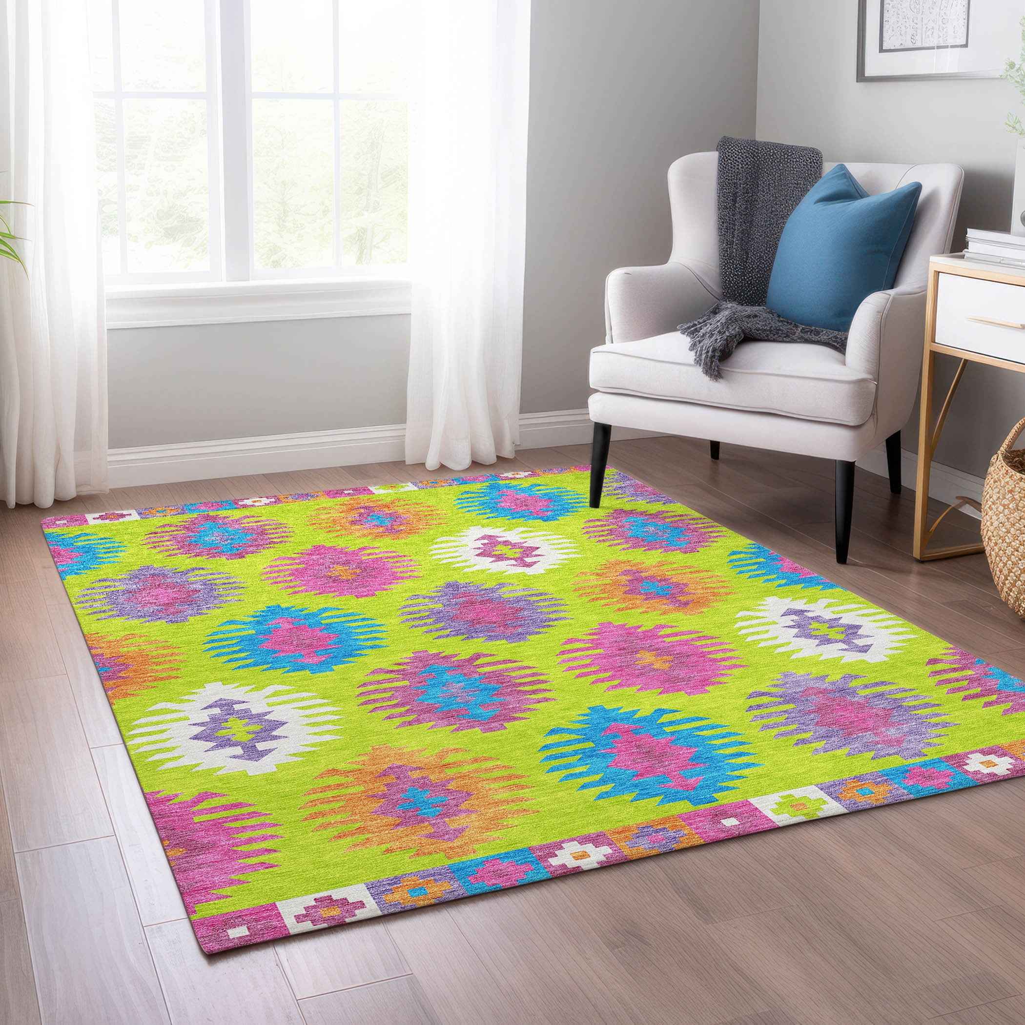 5' X 8' Lime Green Pink And Purple Southwestern Washable Indoor Outdoor Area Rug