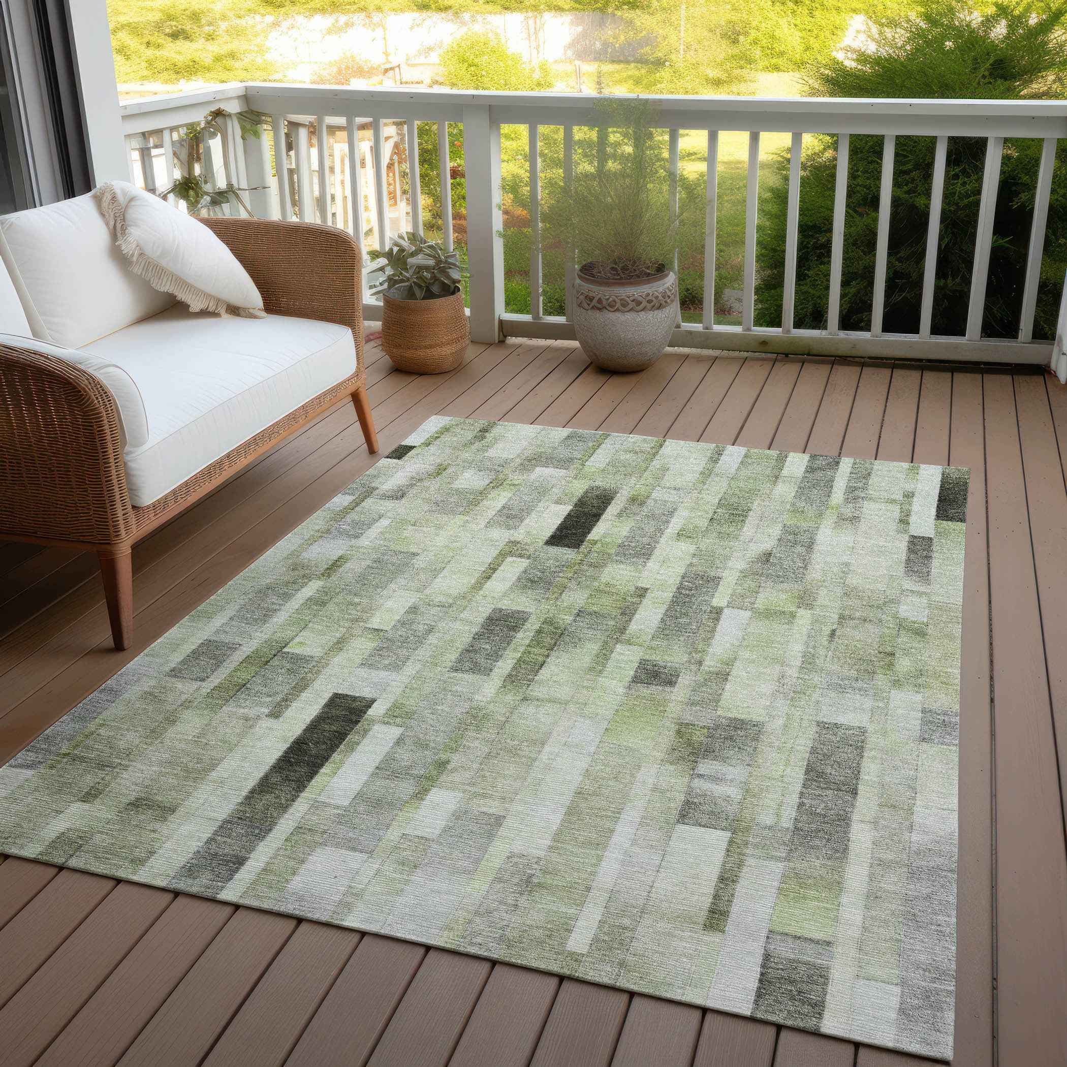 9' X 12' Green And Gray Striped Washable Indoor Outdoor Area Rug