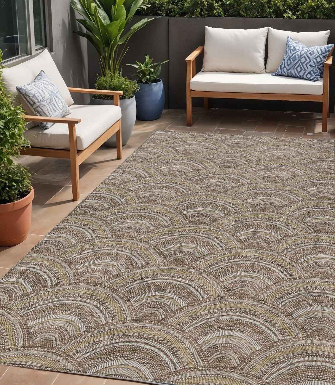 5' X 8' Brown Beige And Taupe Geometric Washable Indoor Outdoor Area Rug