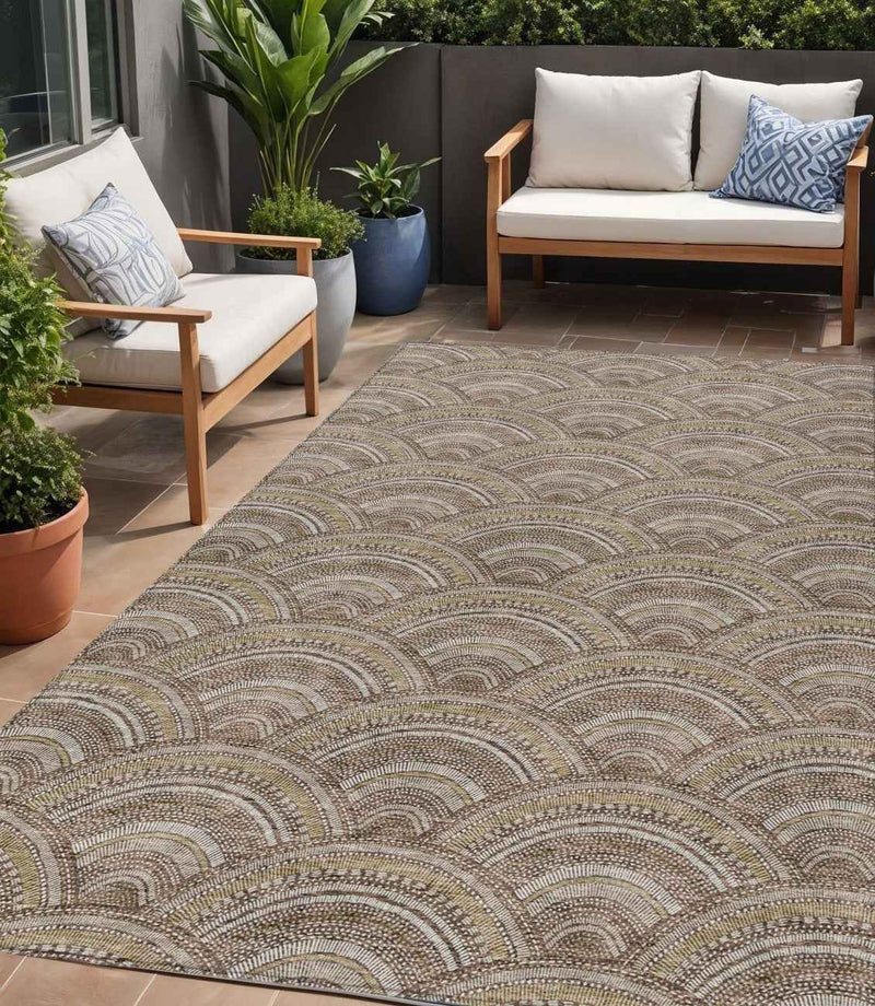 5' X 8' Brown Beige And Taupe Geometric Washable Indoor Outdoor Area Rug