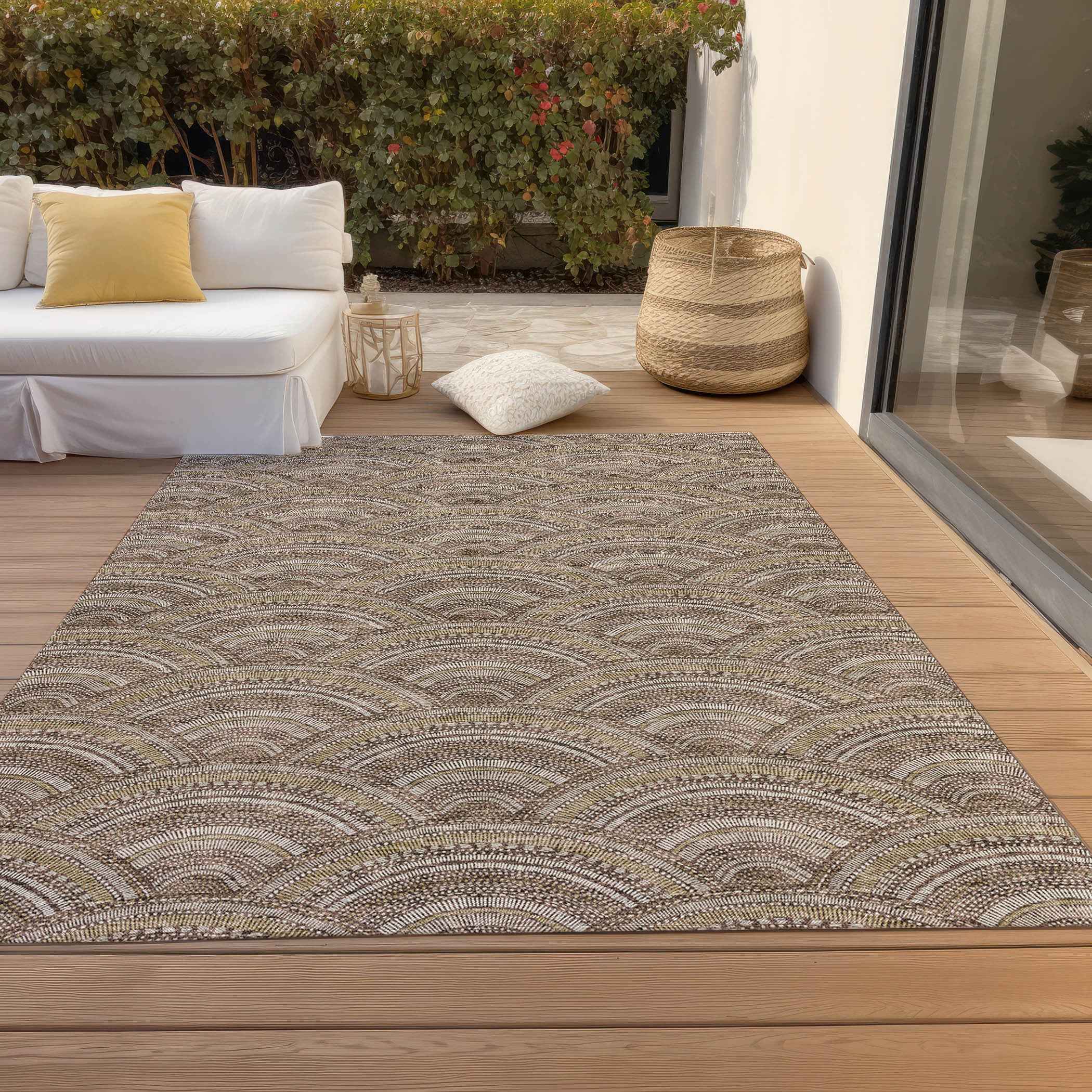 5' X 8' Brown Beige And Taupe Geometric Washable Indoor Outdoor Area Rug