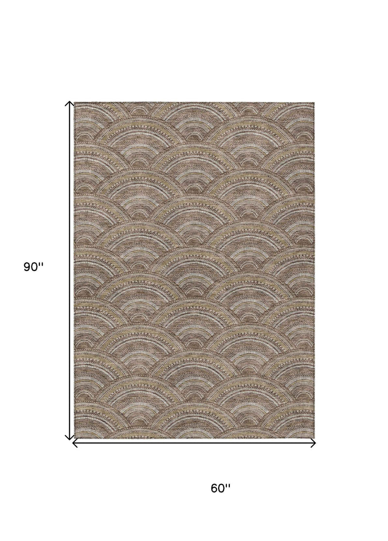 5' X 8' Brown Beige And Taupe Geometric Washable Indoor Outdoor Area Rug