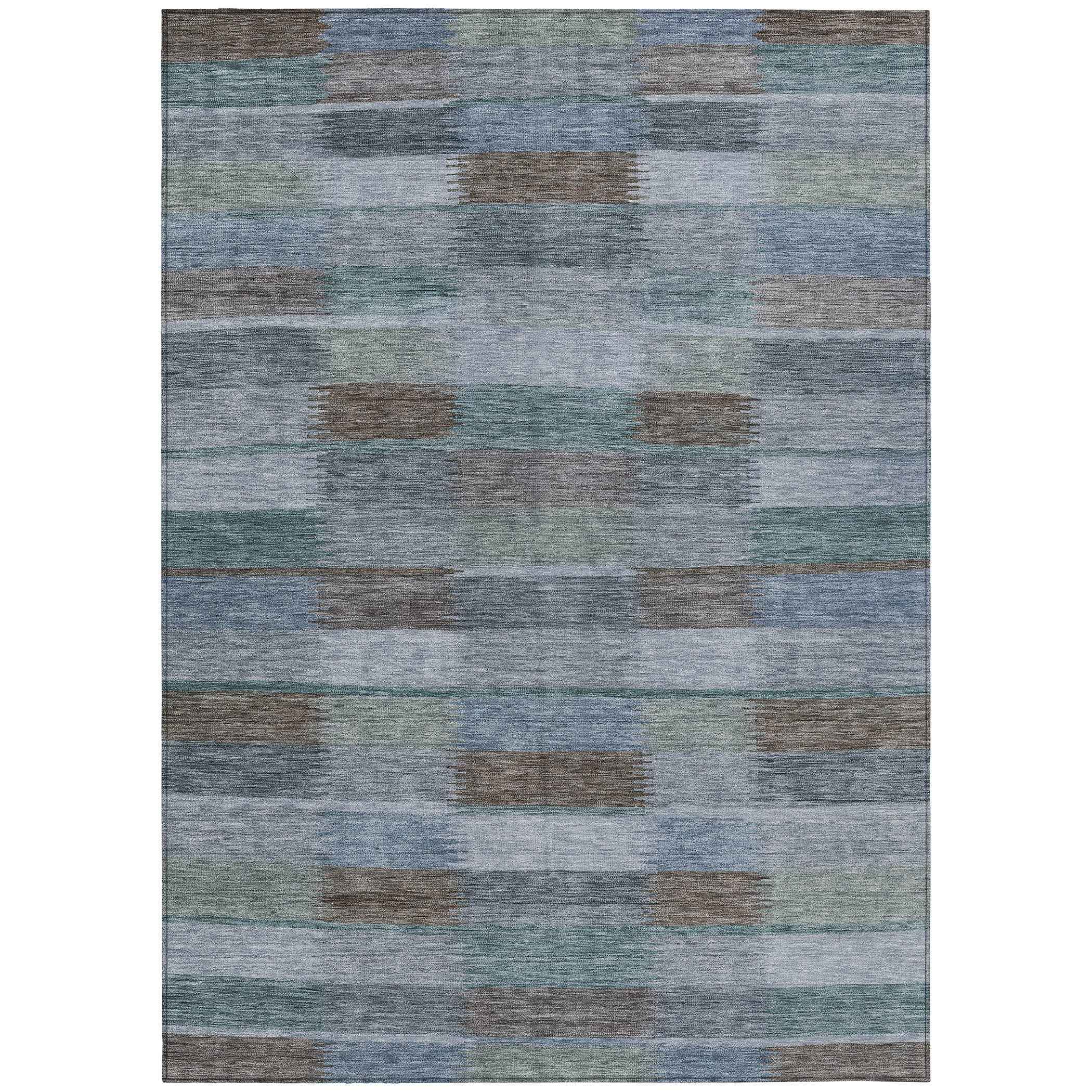 9' X 12' Blue Denim Blue And Brown Striped Washable Indoor Outdoor Area Rug