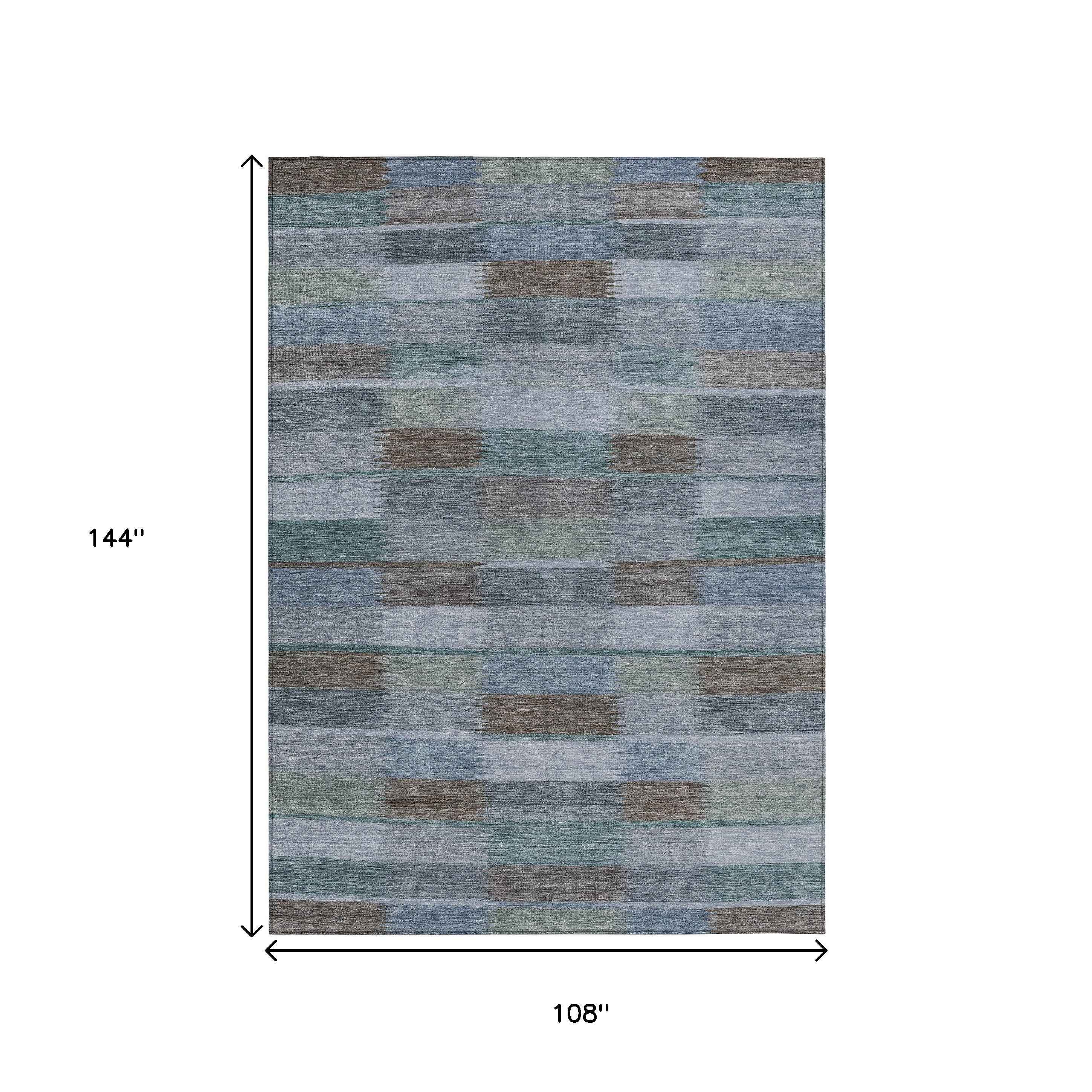 9' X 12' Blue Denim Blue And Brown Striped Washable Indoor Outdoor Area Rug