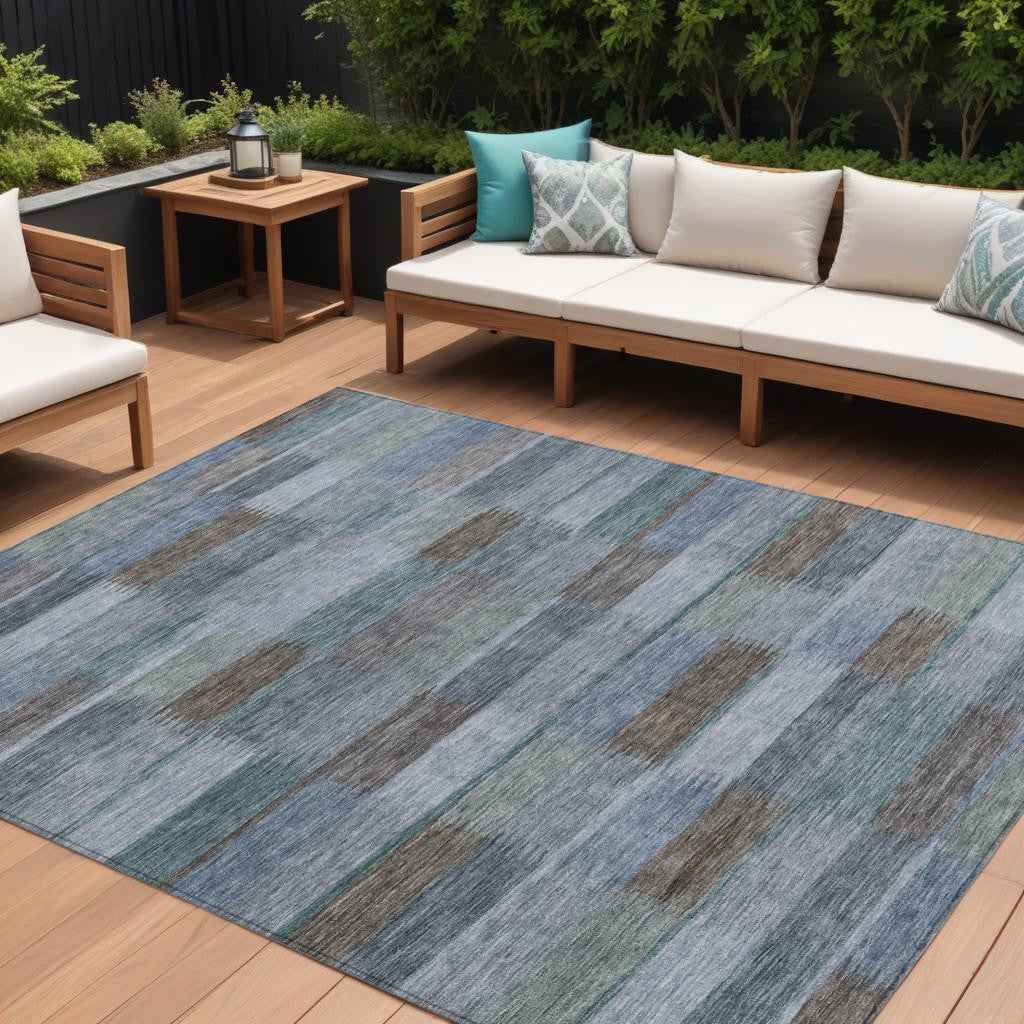 9' X 12' Blue Denim Blue And Brown Striped Washable Indoor Outdoor Area Rug