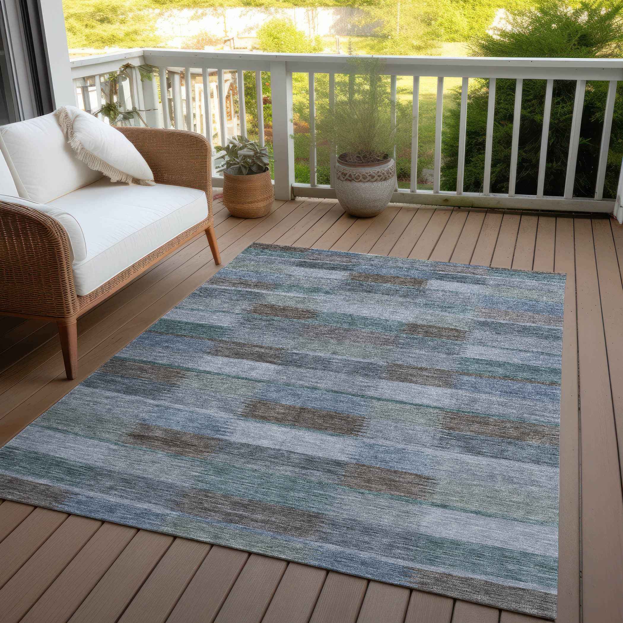 9' X 12' Blue Denim Blue And Brown Striped Washable Indoor Outdoor Area Rug