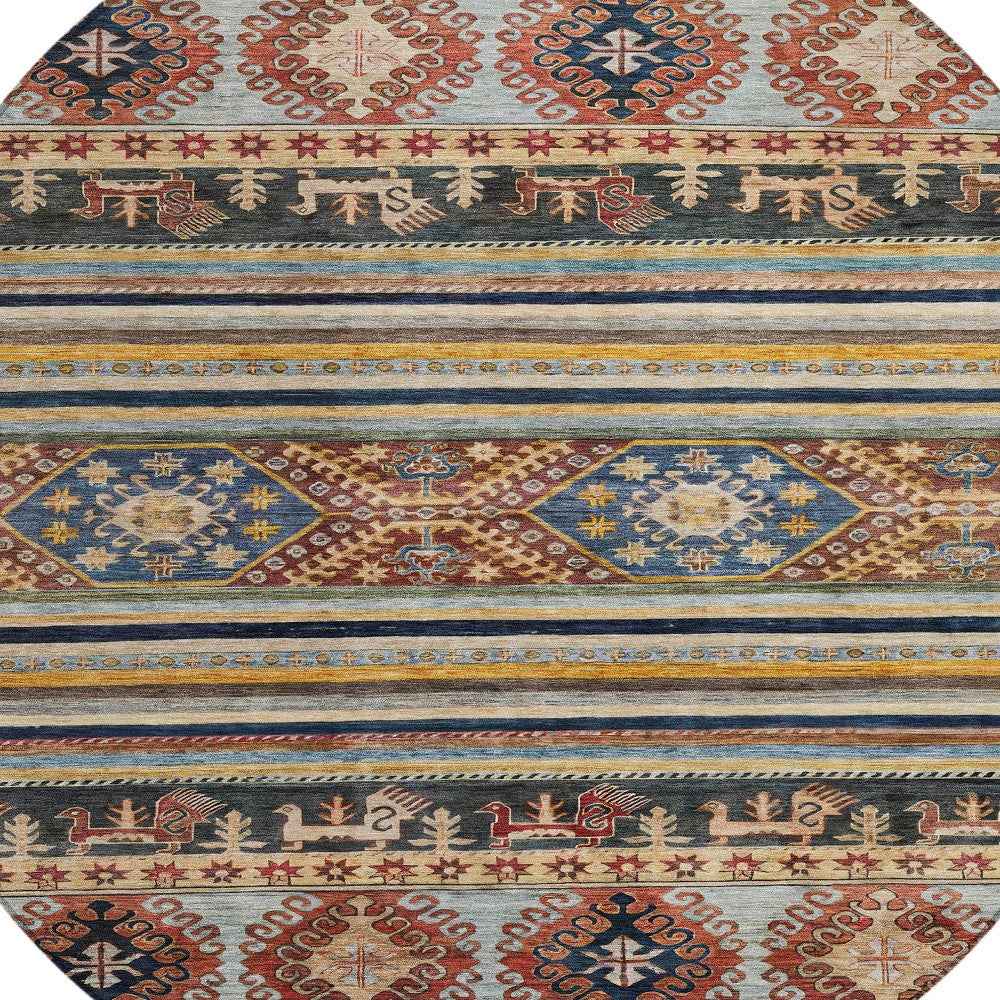 8' Rust Gray And Gold Round Tribal Washable Indoor Outdoor Area Rug