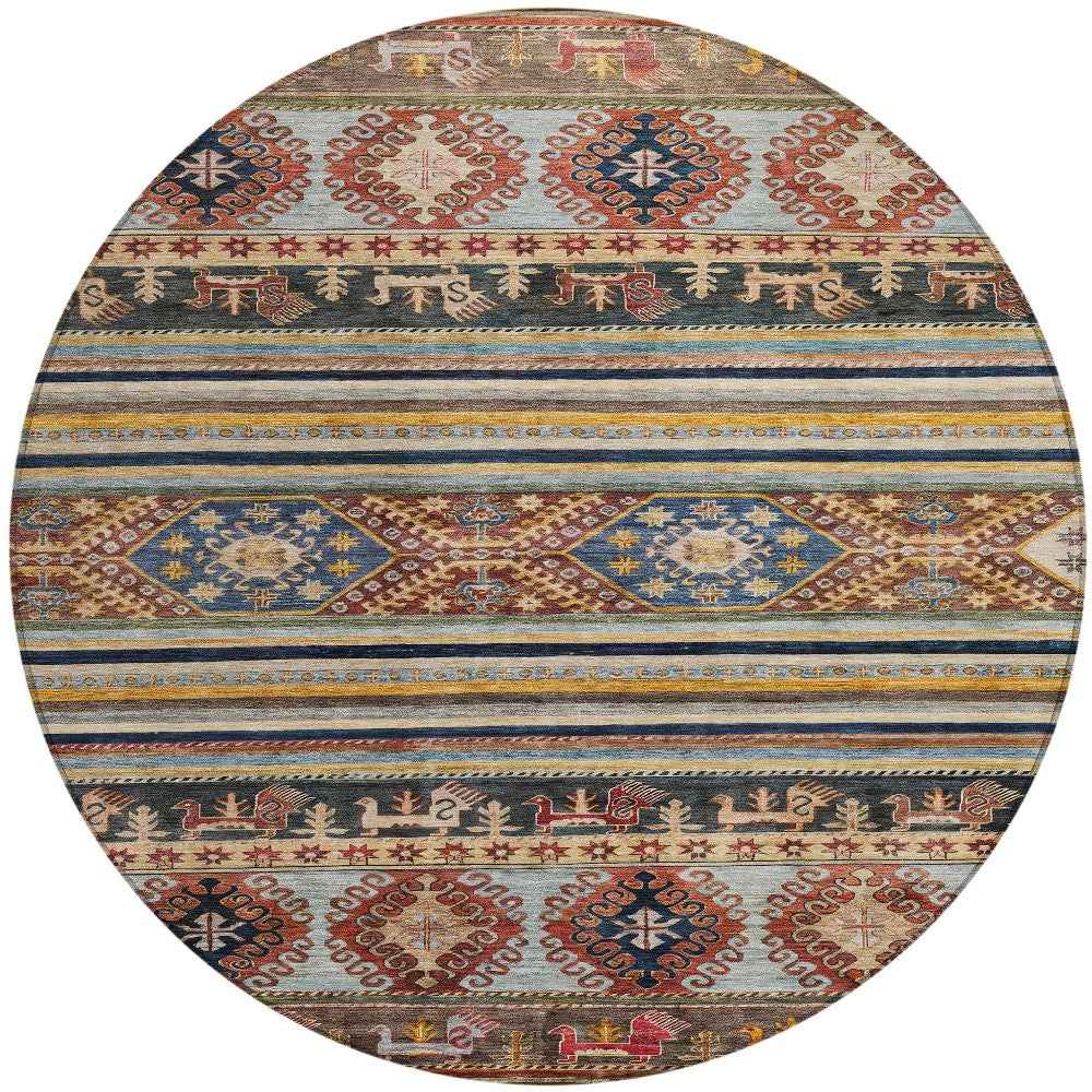 8' Rust Gray And Gold Round Tribal Washable Indoor Outdoor Area Rug