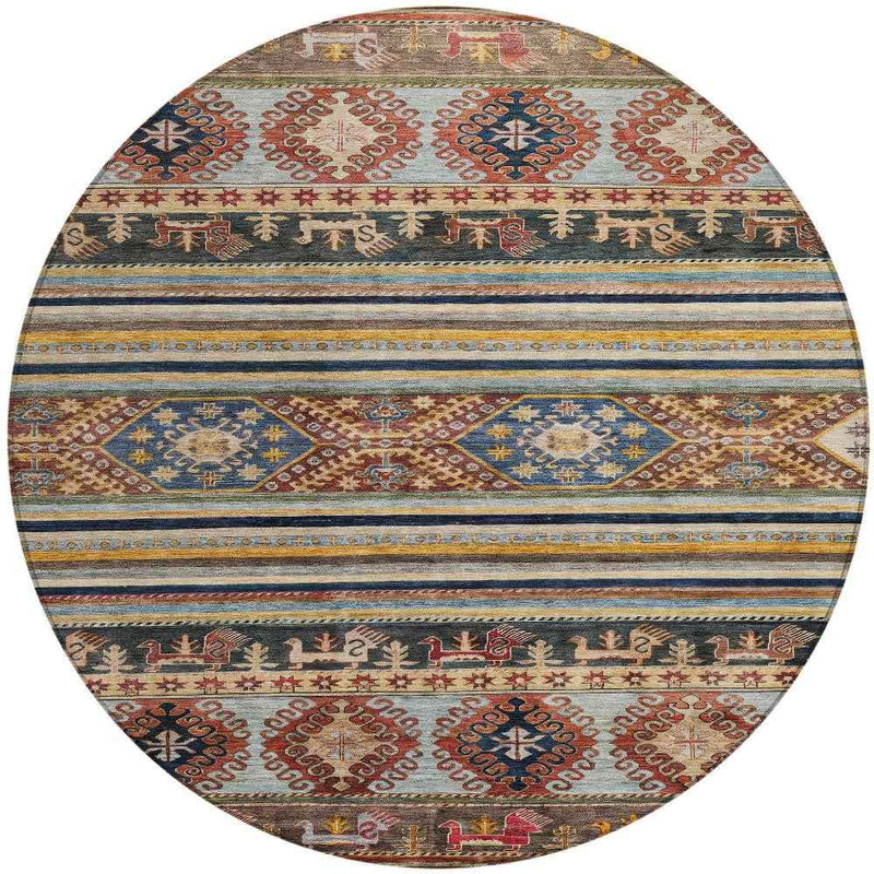 8' Rust Gray And Gold Round Tribal Washable Indoor Outdoor Area Rug