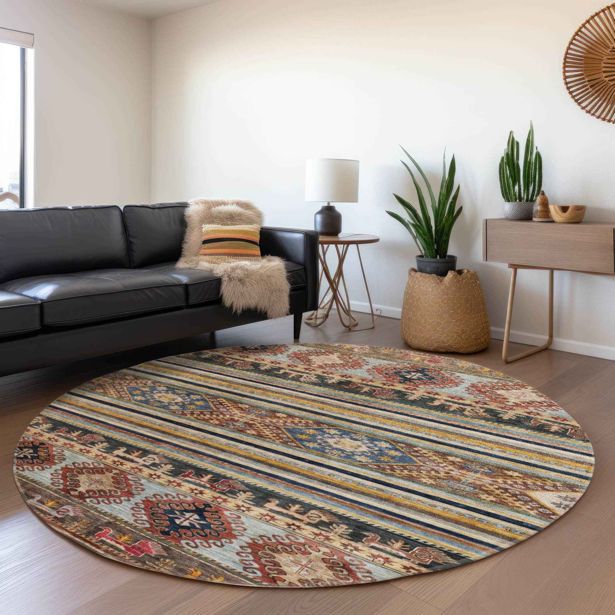 8' Rust Gray And Gold Round Tribal Washable Indoor Outdoor Area Rug