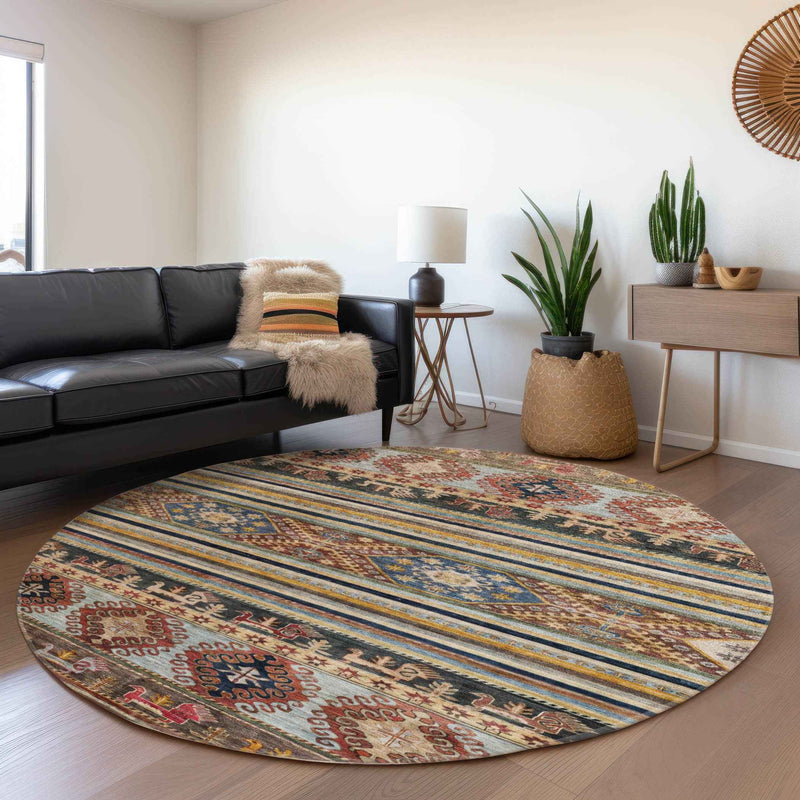8' Rust Gray And Gold Round Tribal Washable Indoor Outdoor Area Rug