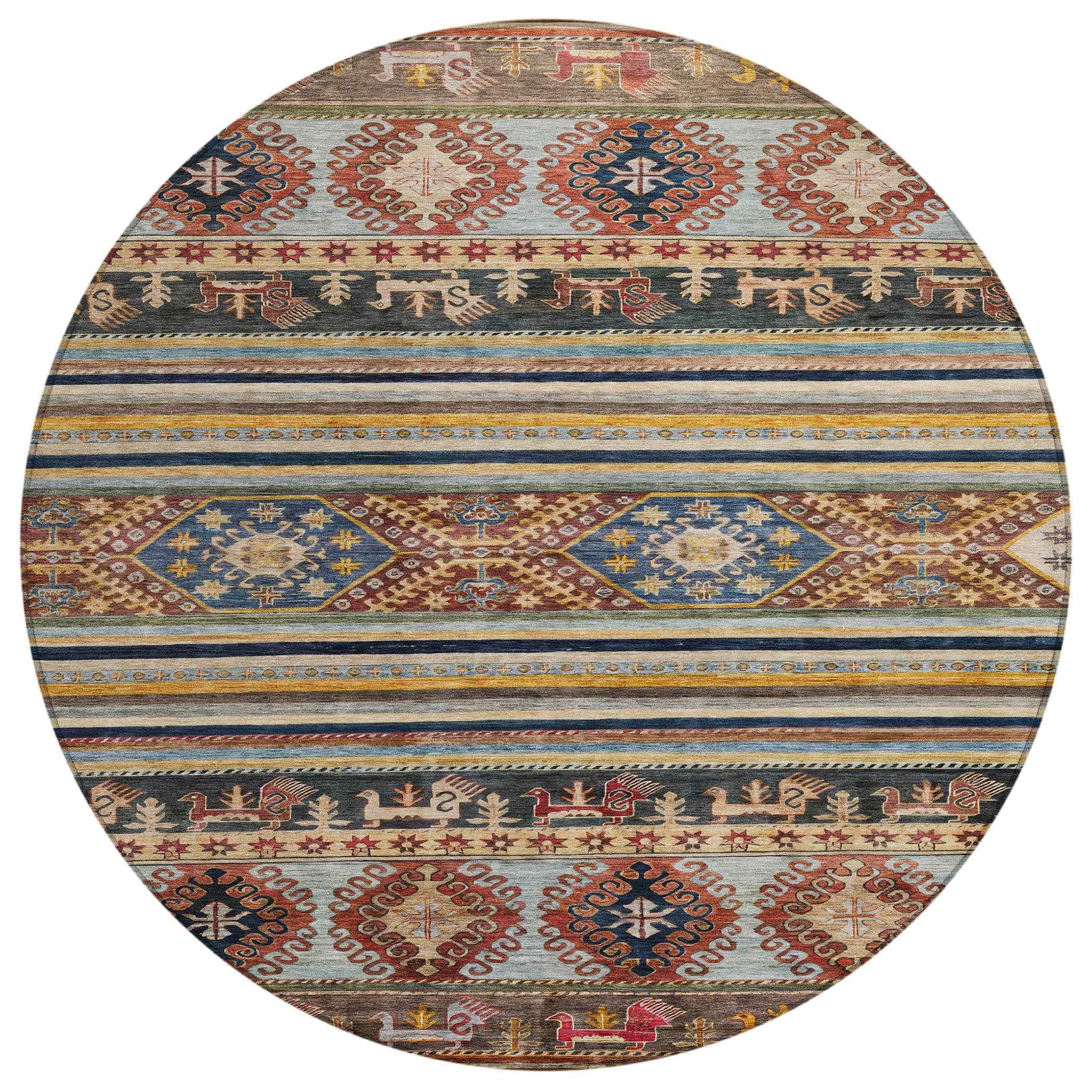 8' Rust Gray And Gold Round Tribal Washable Indoor Outdoor Area Rug