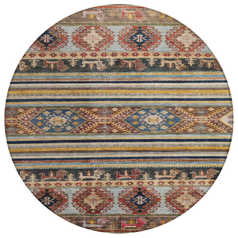 8' Rust Gray And Gold Round Tribal Washable Indoor Outdoor Area Rug