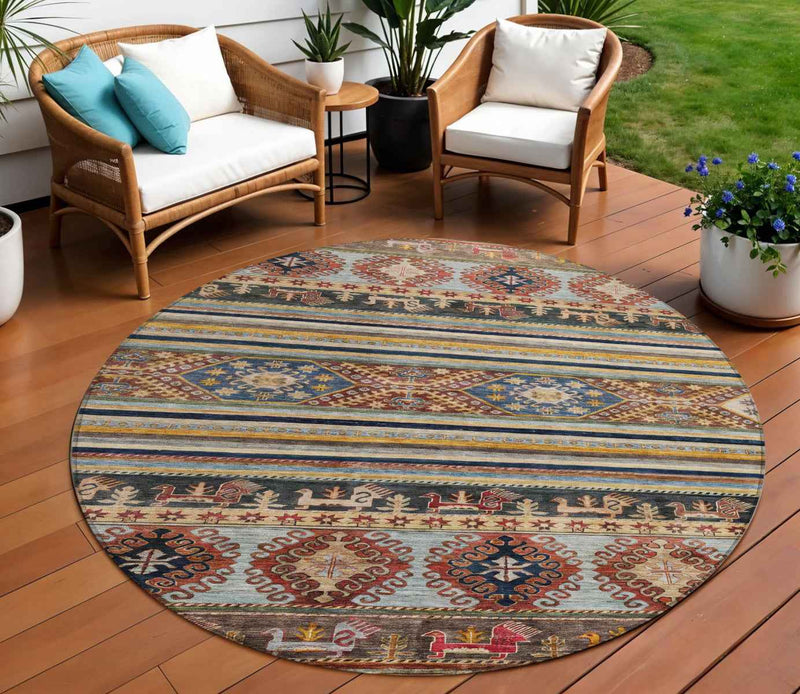 8' Rust Gray And Gold Round Tribal Washable Indoor Outdoor Area Rug