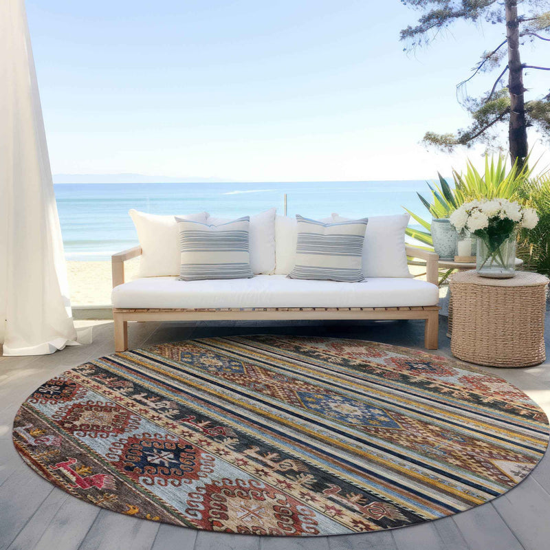 8' Rust Gray And Gold Round Tribal Washable Indoor Outdoor Area Rug