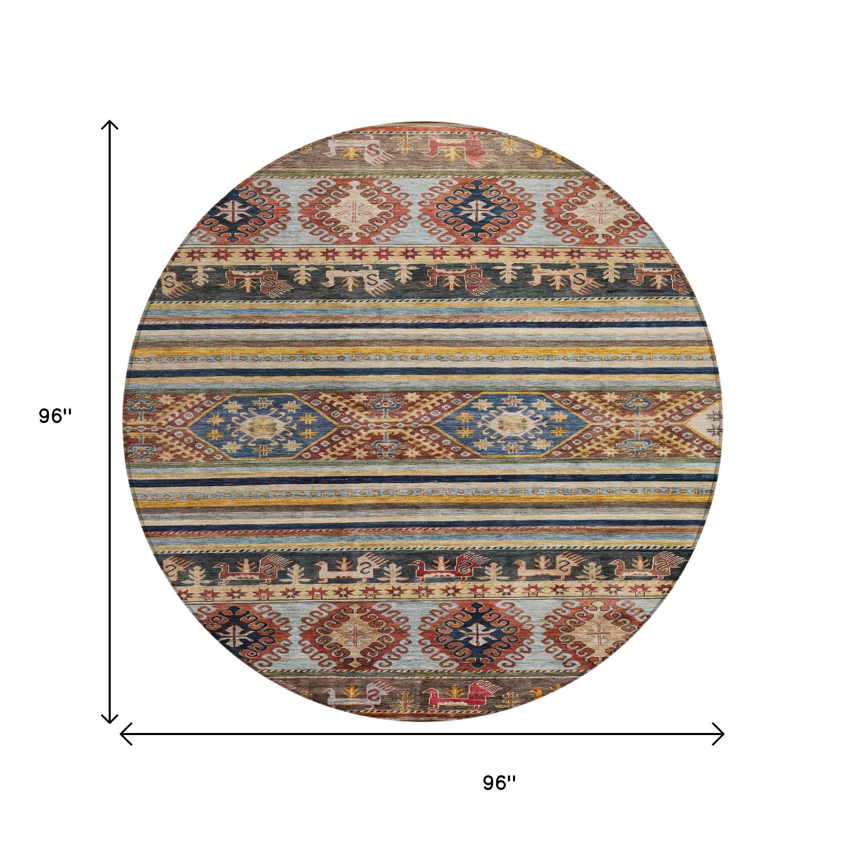 8' Rust Gray And Gold Round Tribal Washable Indoor Outdoor Area Rug