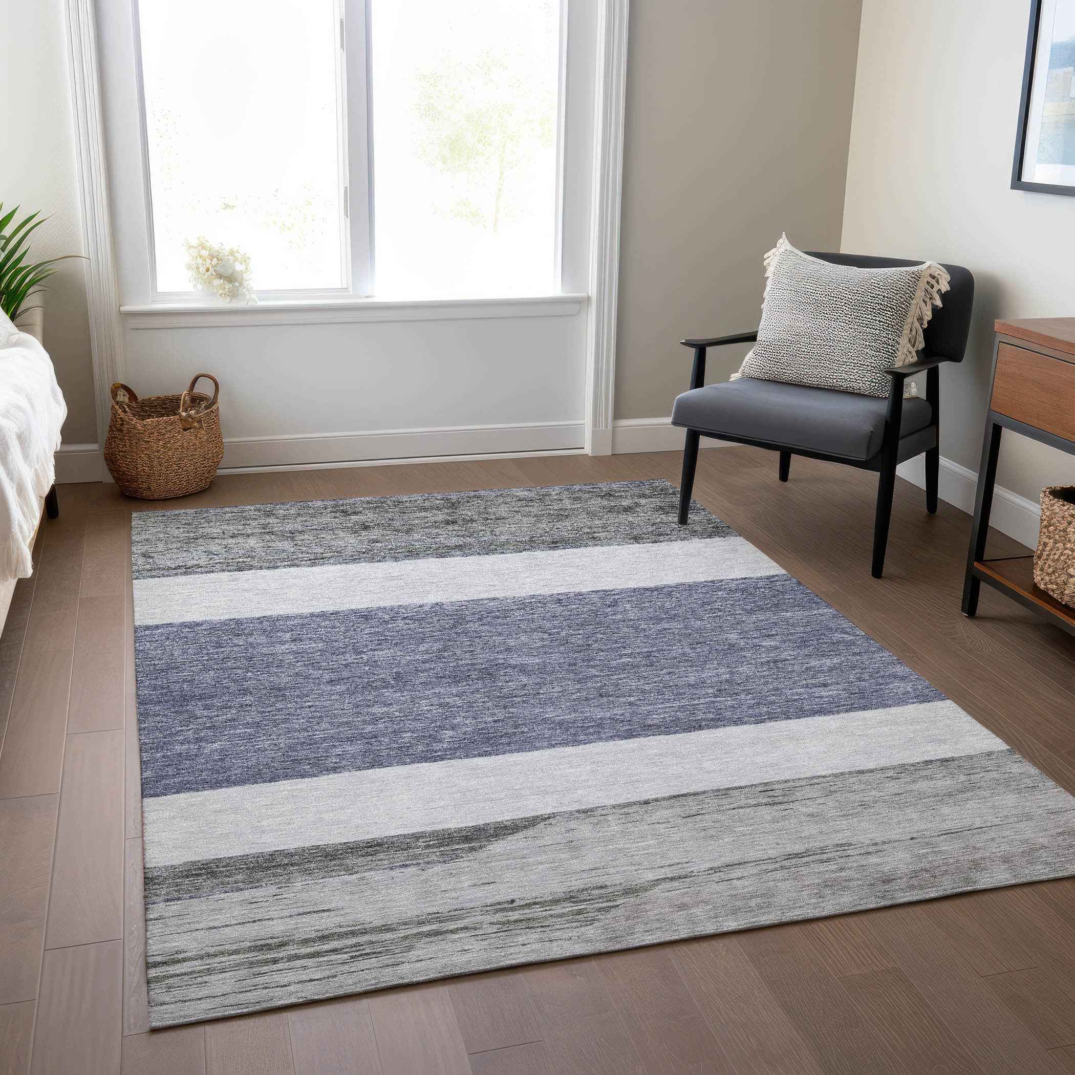 3' X 5' Denim Blue Ivory And Gray Abstract Washable Indoor Outdoor Area Rug