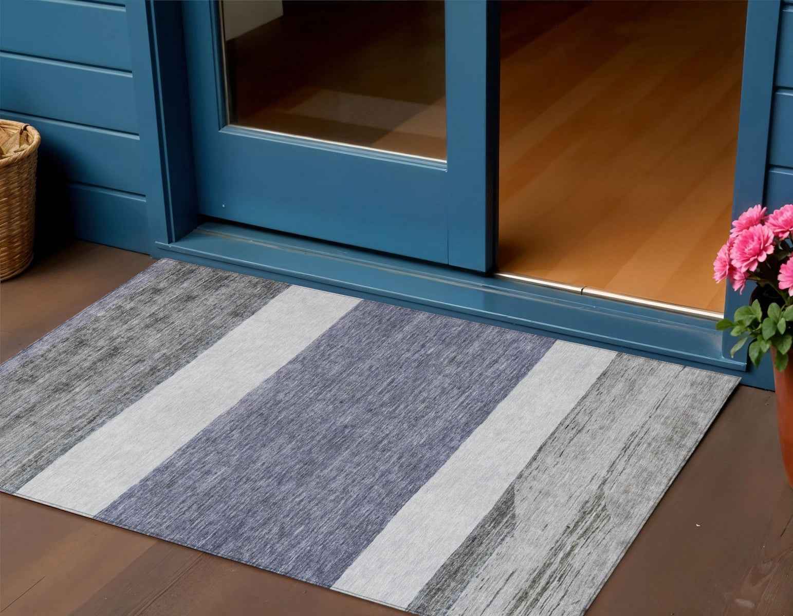 3' X 5' Denim Blue Ivory And Gray Abstract Washable Indoor Outdoor Area Rug