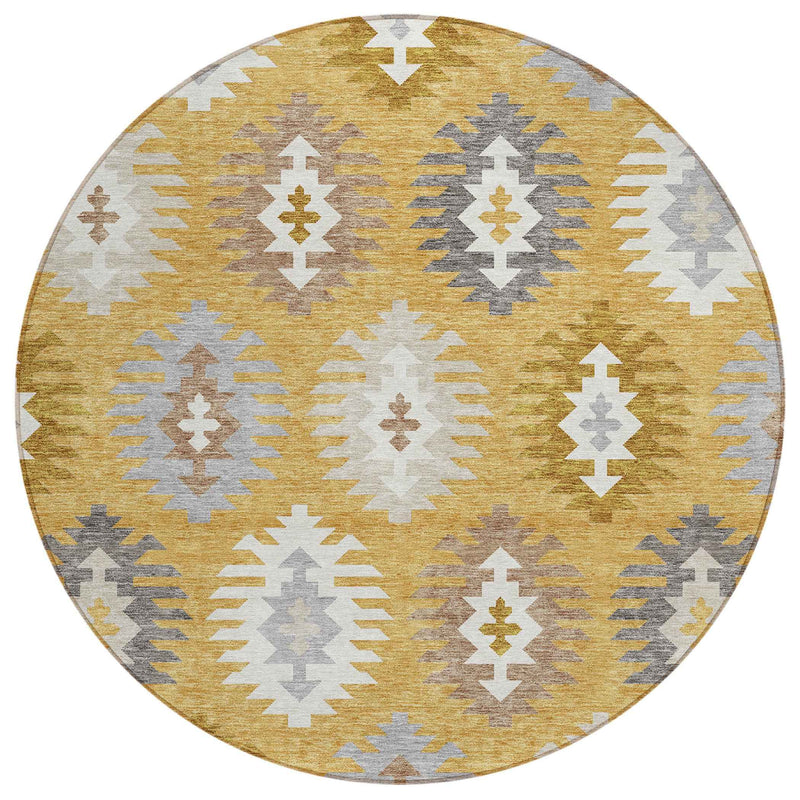 8' Gold Ivory And Taupe Round Southwestern Washable Indoor Outdoor Area Rug