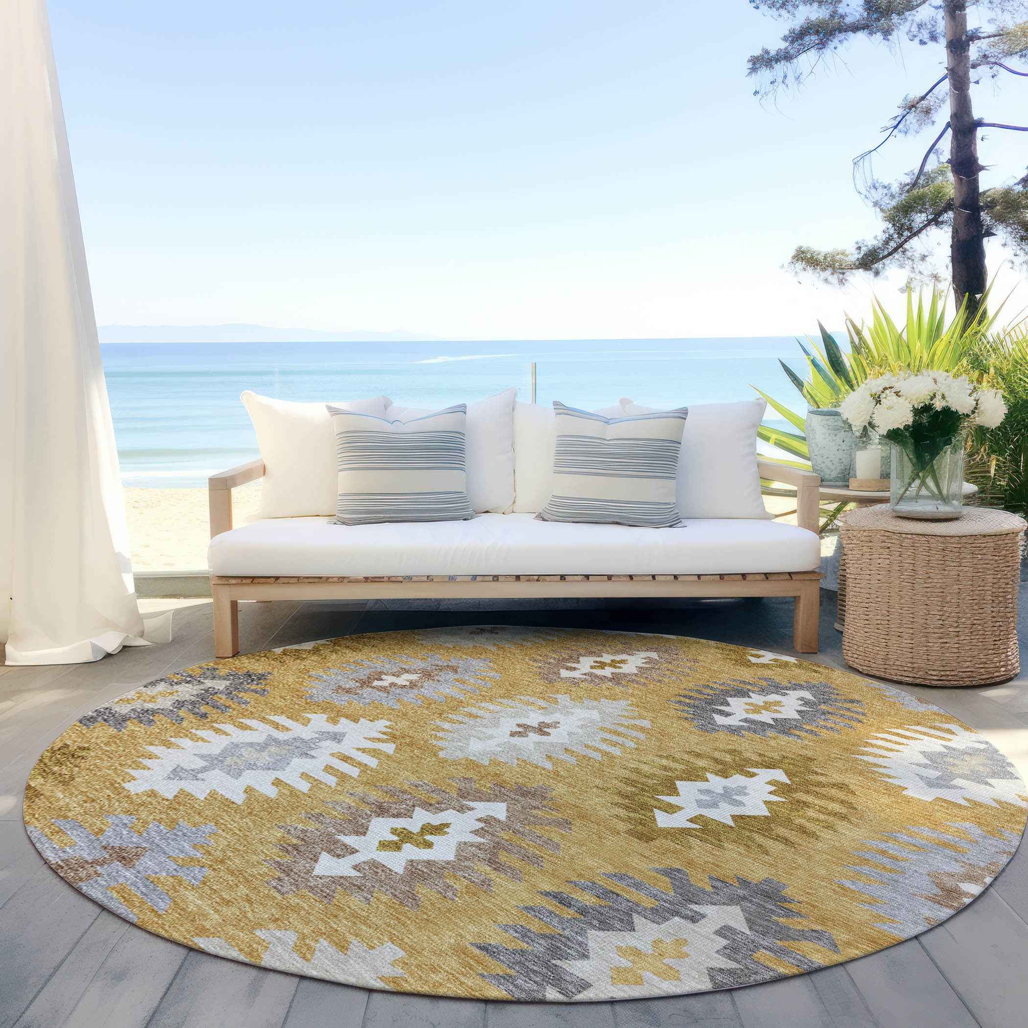 8' Gold Ivory And Taupe Round Southwestern Washable Indoor Outdoor Area Rug