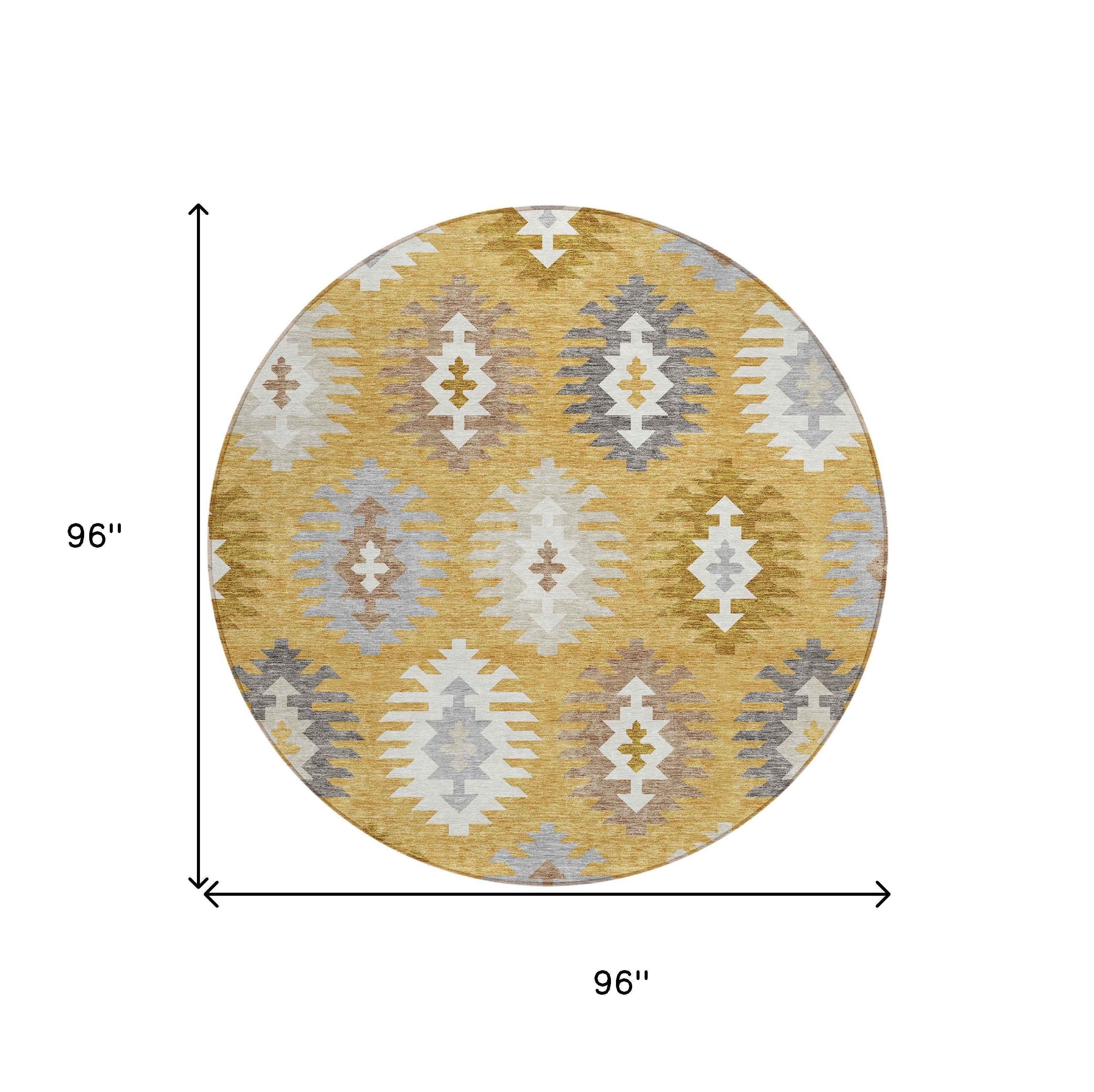 8' Gold Ivory And Taupe Round Southwestern Washable Indoor Outdoor Area Rug