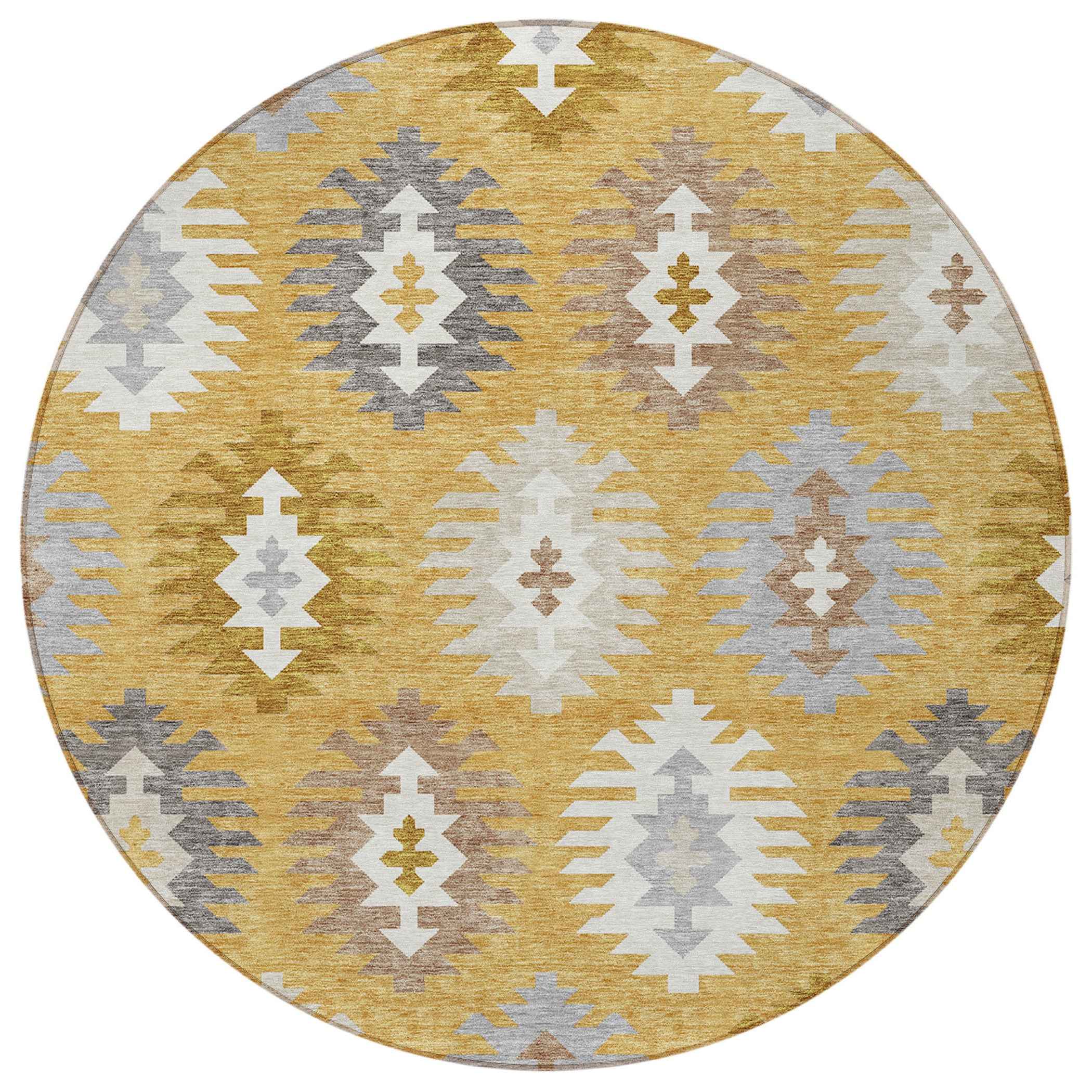8' Gold Ivory And Taupe Round Southwestern Washable Indoor Outdoor Area Rug