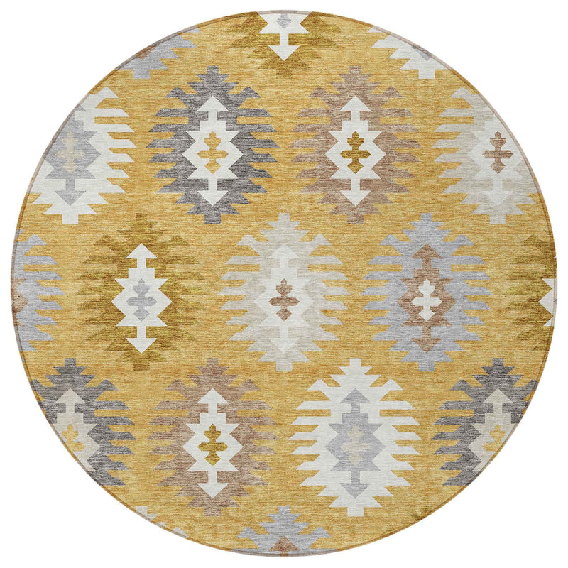 8' Gold Ivory And Taupe Round Southwestern Washable Indoor Outdoor Area Rug