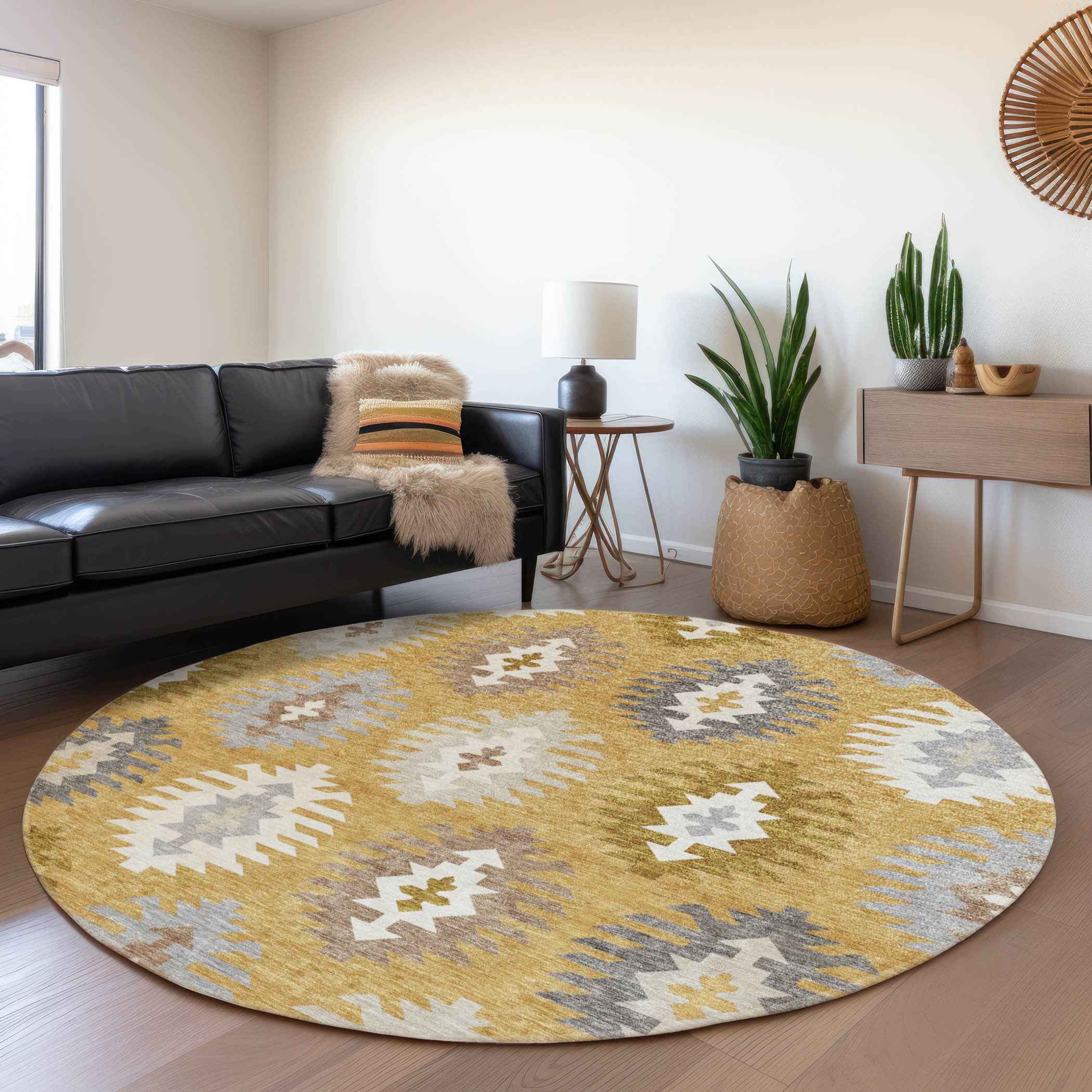 8' Gold Ivory And Taupe Round Southwestern Washable Indoor Outdoor Area Rug