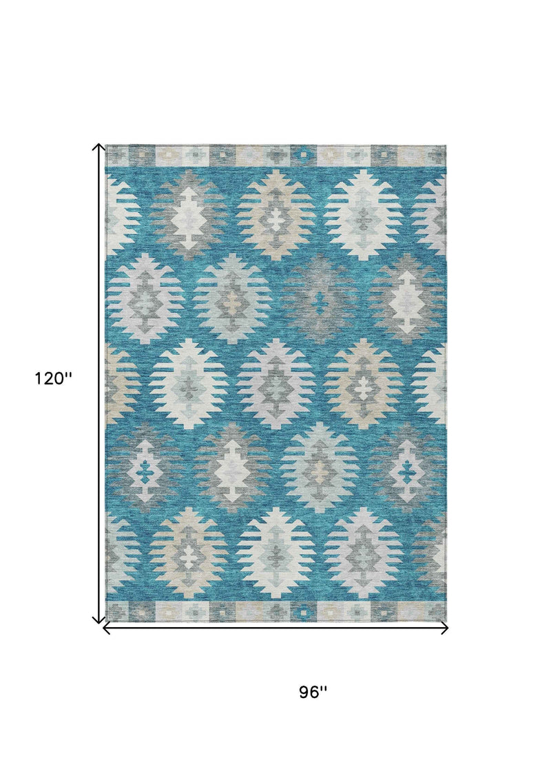8' X 10' Teal Blue Ivory And Gray Southwestern Washable Indoor Outdoor Area Rug