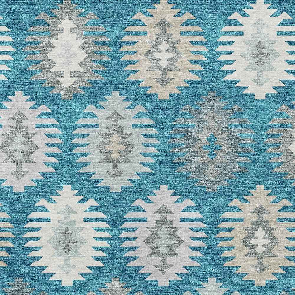 8' X 10' Teal Blue Ivory And Gray Southwestern Washable Indoor Outdoor Area Rug