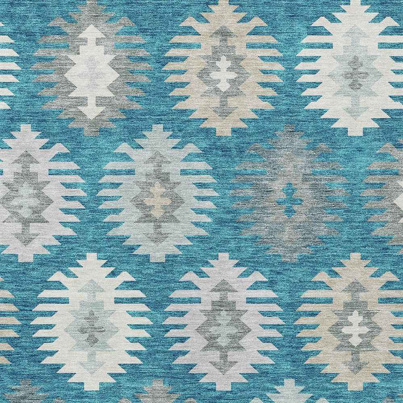 8' X 10' Teal Blue Ivory And Gray Southwestern Washable Indoor Outdoor Area Rug