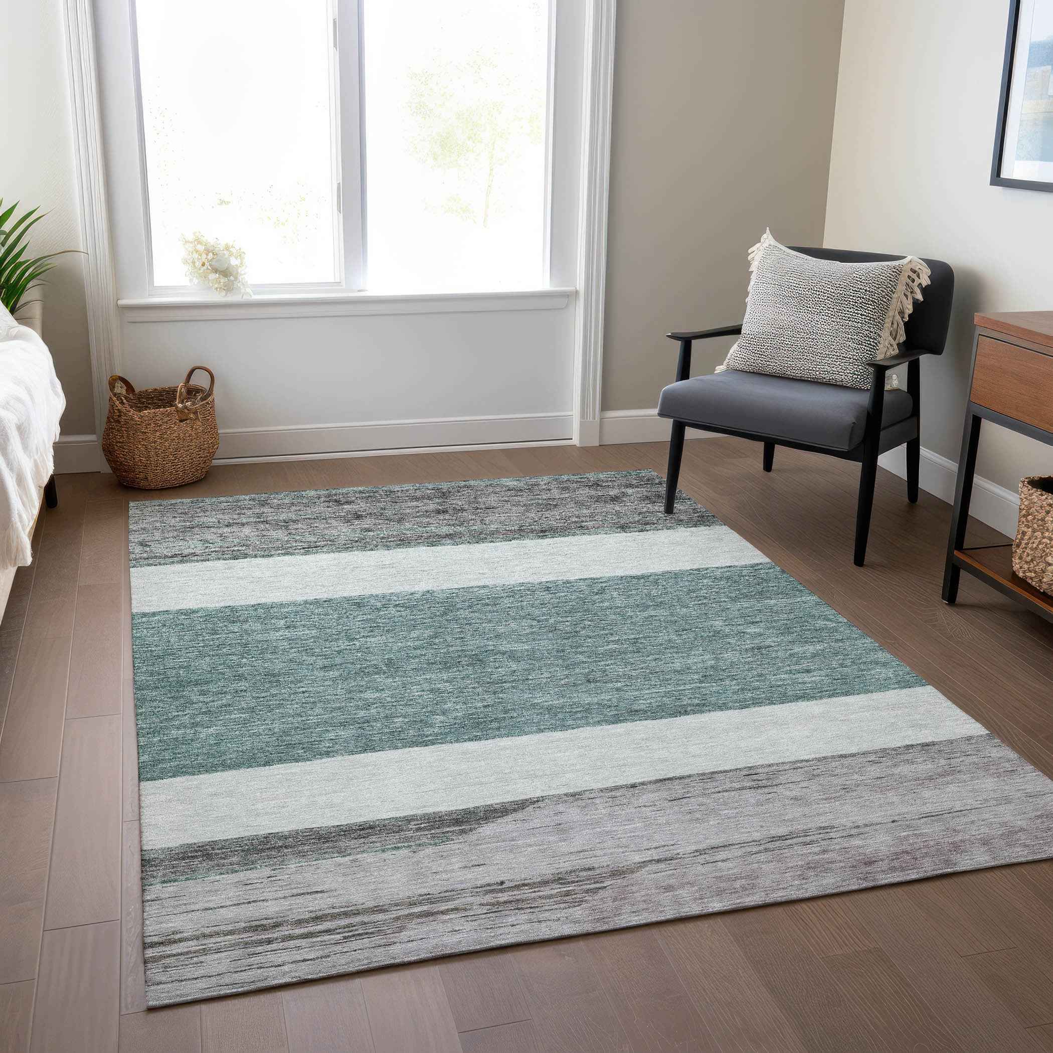 8' X 10' Teal Blue Off White And Gray Abstract Washable Indoor Outdoor Area Rug