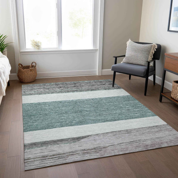 8' X 10' Teal Blue Off White And Gray Abstract Washable Indoor Outdoor Area Rug