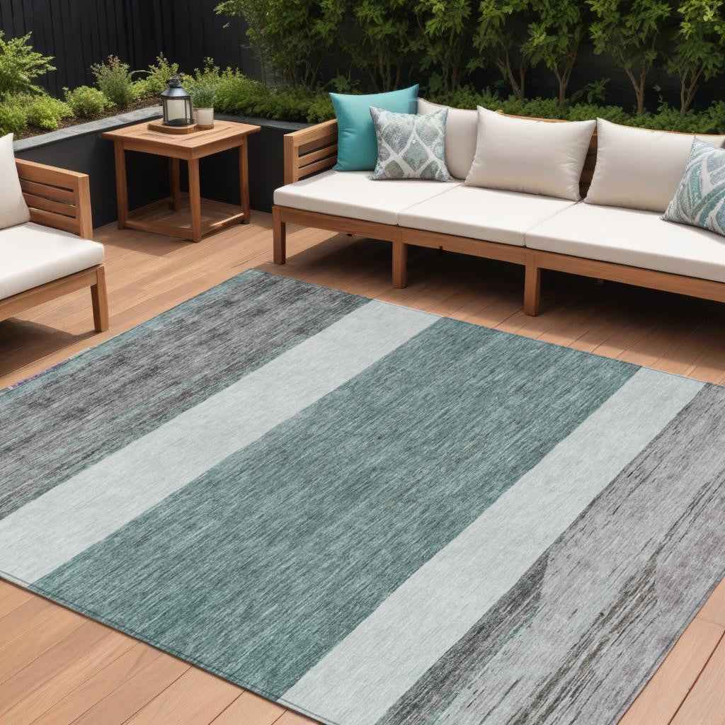 8' X 10' Teal Blue Off White And Gray Abstract Washable Indoor Outdoor Area Rug