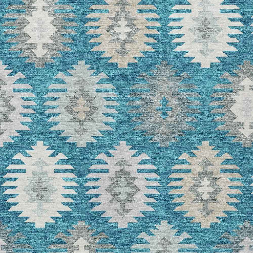 9' X 12' Teal Blue Ivory And Gray Southwestern Washable Indoor Outdoor Area Rug