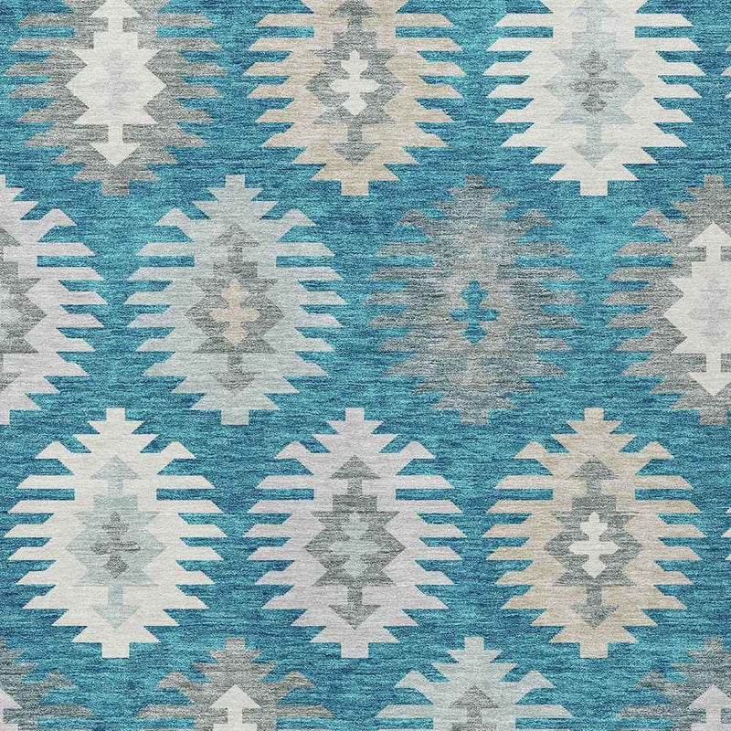 9' X 12' Teal Blue Ivory And Gray Southwestern Washable Indoor Outdoor Area Rug