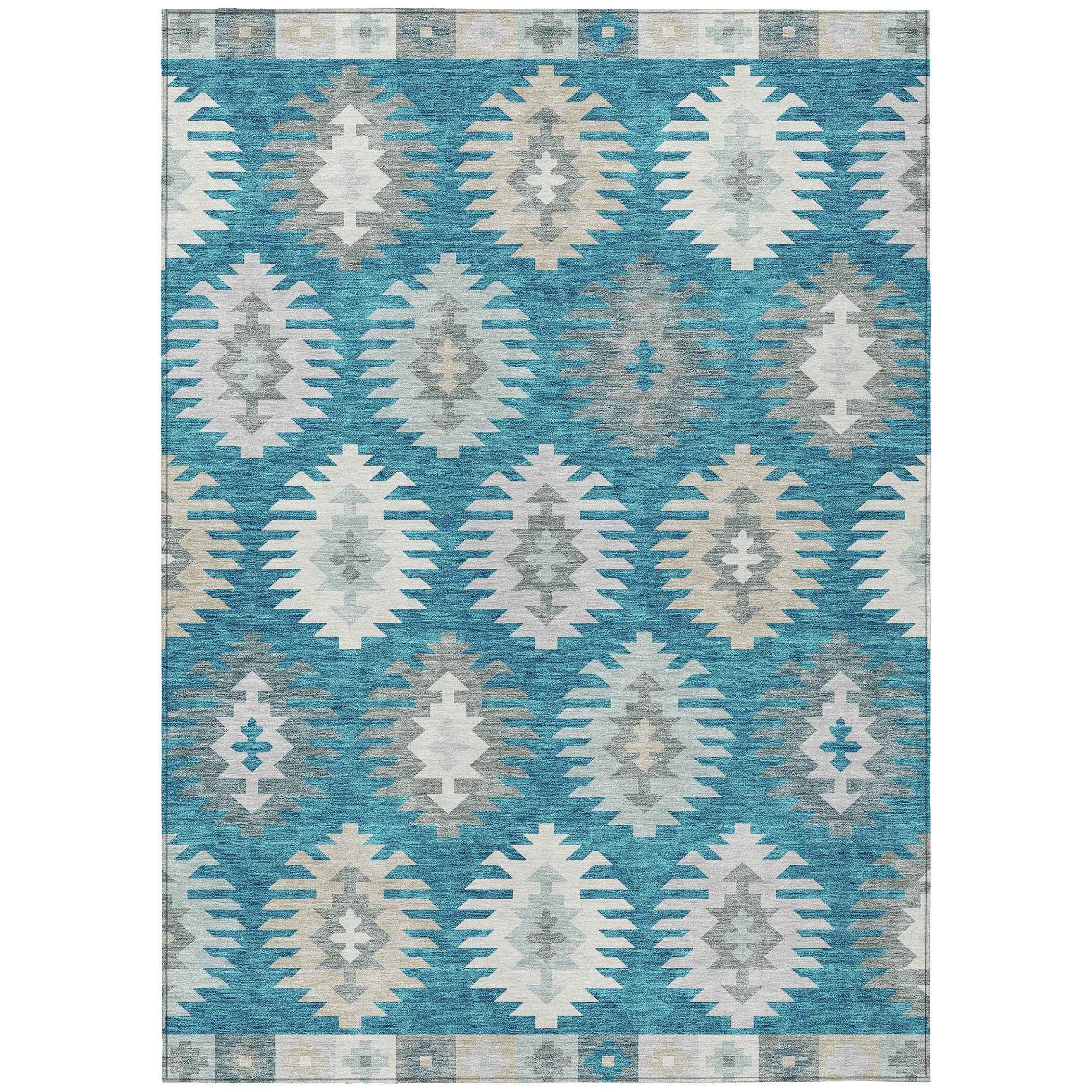 9' X 12' Teal Blue Ivory And Gray Southwestern Washable Indoor Outdoor Area Rug