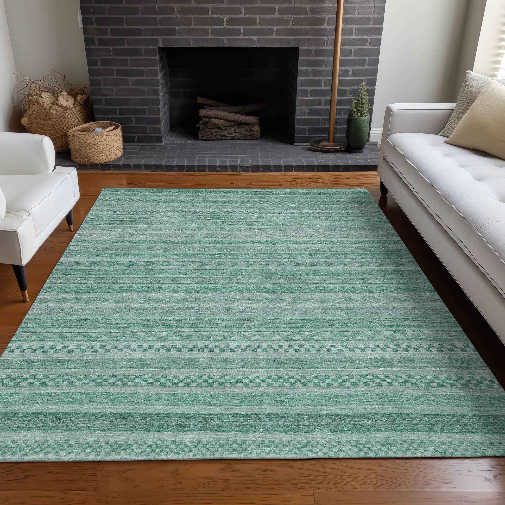 8' X 10' Turquoise And Aqua Striped Washable Indoor Outdoor Area Rug