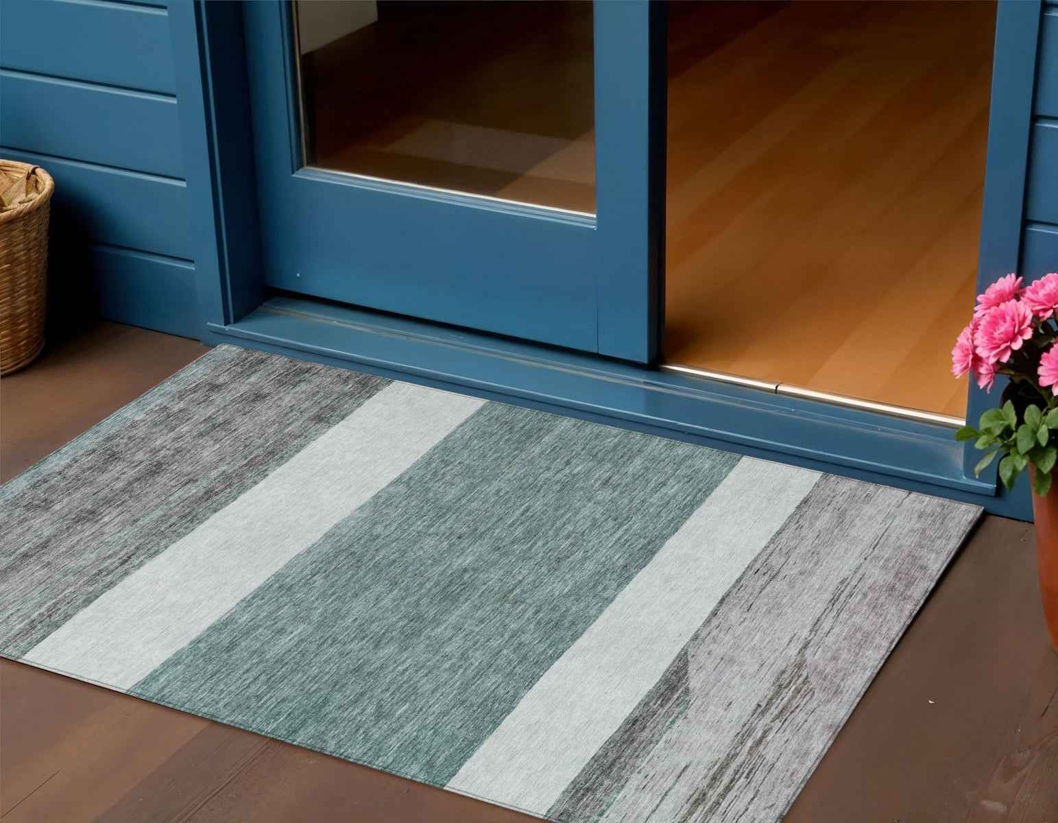 3' X 5' Teal Blue Off White And Gray Abstract Washable Indoor Outdoor Area Rug