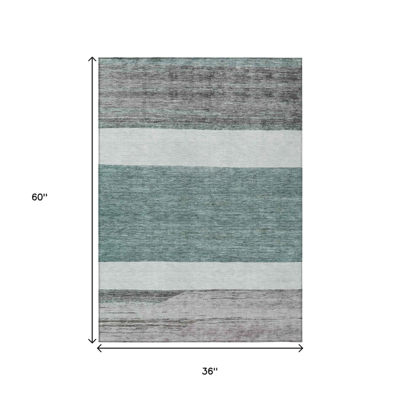 3' X 5' Teal Blue Off White And Gray Abstract Washable Indoor Outdoor Area Rug