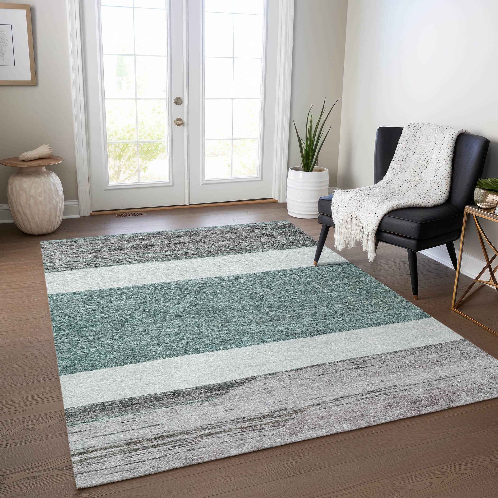 3' X 5' Teal Blue Off White And Gray Abstract Washable Indoor Outdoor Area Rug