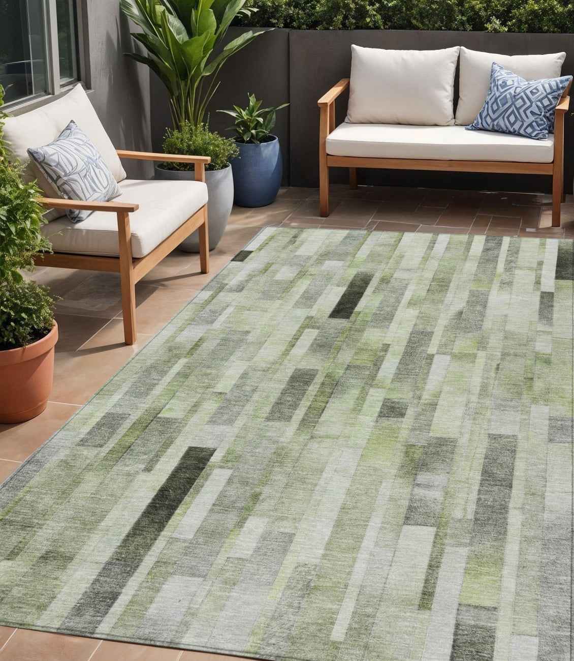 5' X 8' Green And Gray Striped Washable Indoor Outdoor Area Rug