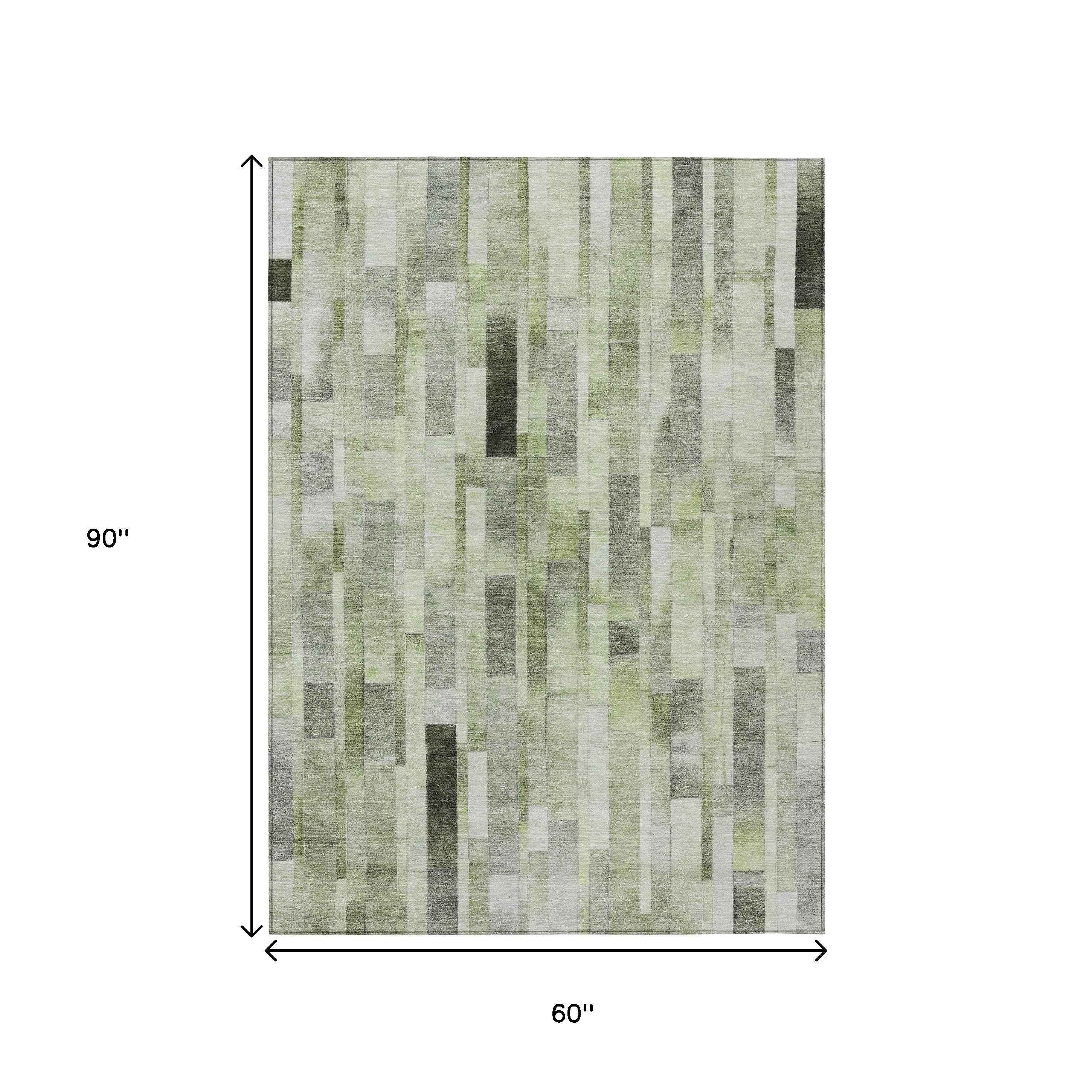 5' X 8' Green And Gray Striped Washable Indoor Outdoor Area Rug