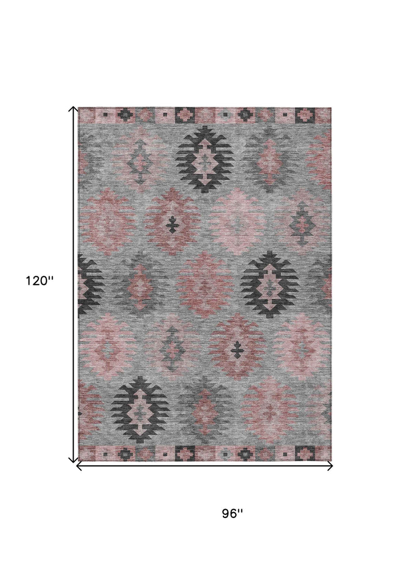 8' X 10' Gray Mauve And Charcoal Southwestern Washable Indoor Outdoor Area Rug