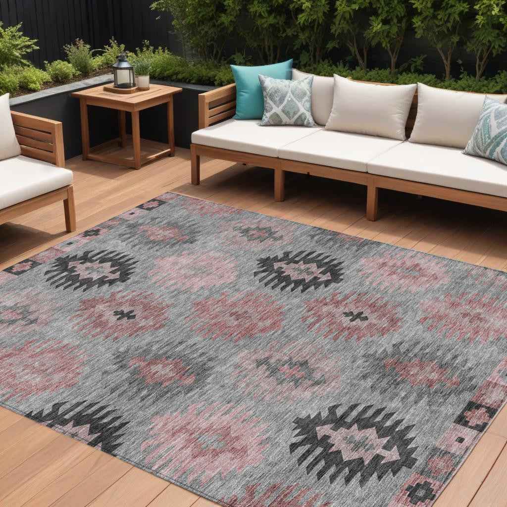 8' X 10' Gray Mauve And Charcoal Southwestern Washable Indoor Outdoor Area Rug