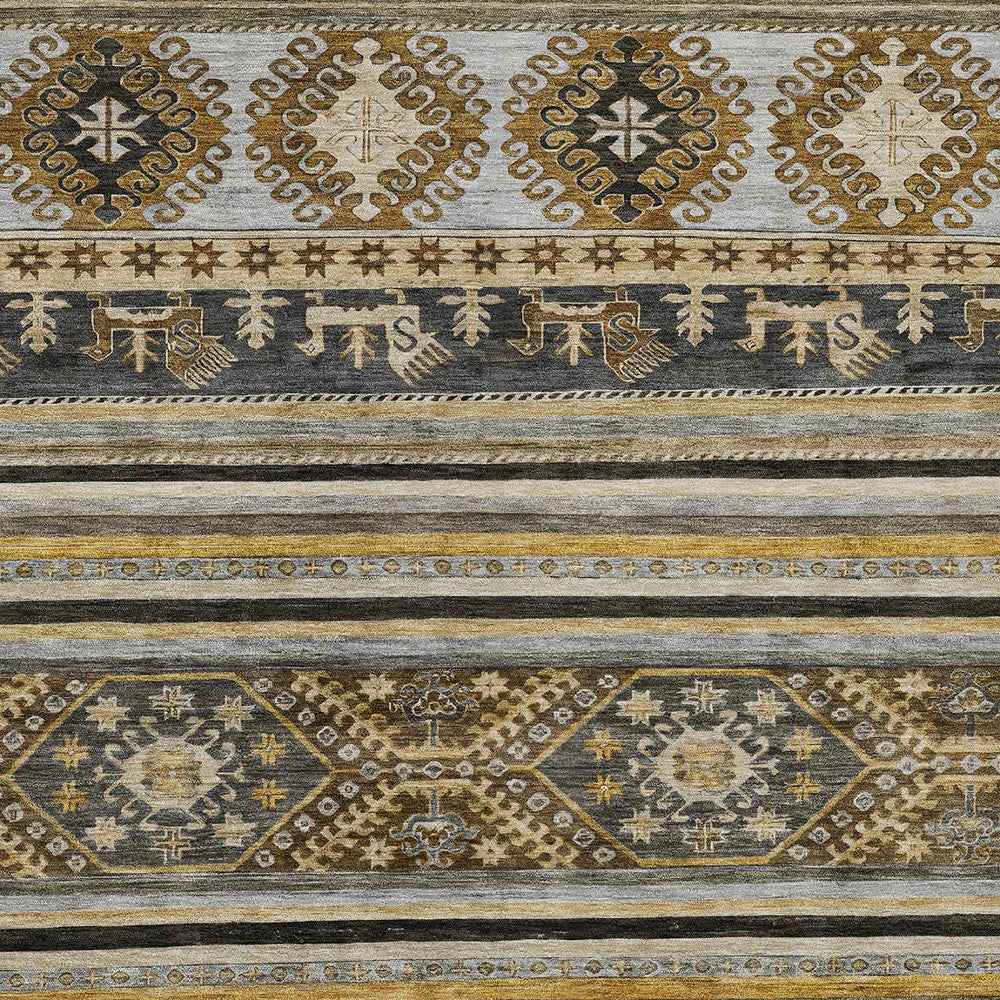 3' X 5' Chocolate Taupe And Gold Tribal Washable Indoor Outdoor Area Rug