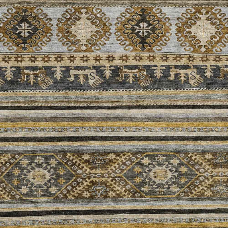 3' X 5' Chocolate Taupe And Gold Tribal Washable Indoor Outdoor Area Rug