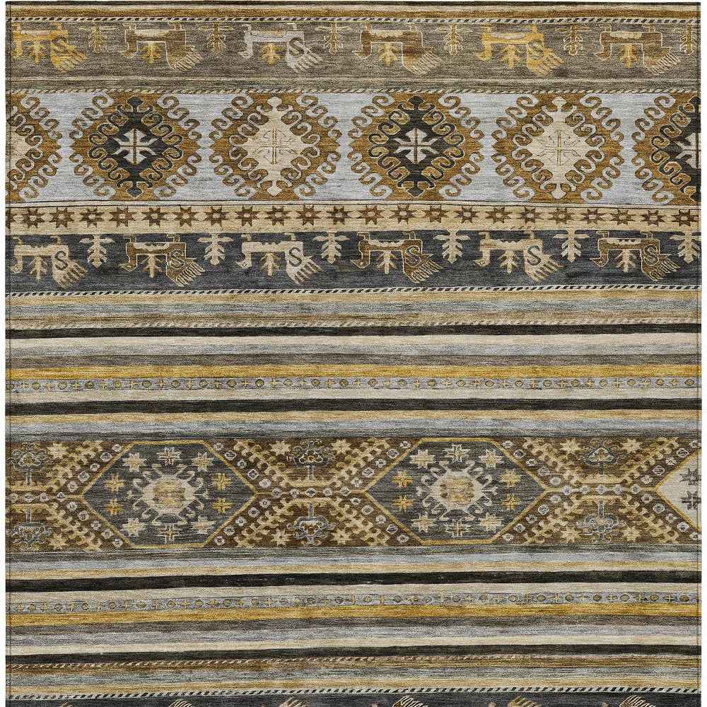 3' X 5' Chocolate Taupe And Gold Tribal Washable Indoor Outdoor Area Rug