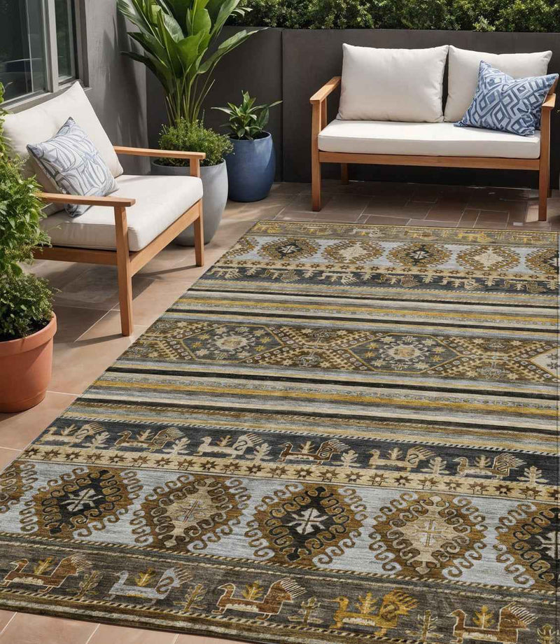 3' X 5' Chocolate Taupe And Gold Tribal Washable Indoor Outdoor Area Rug