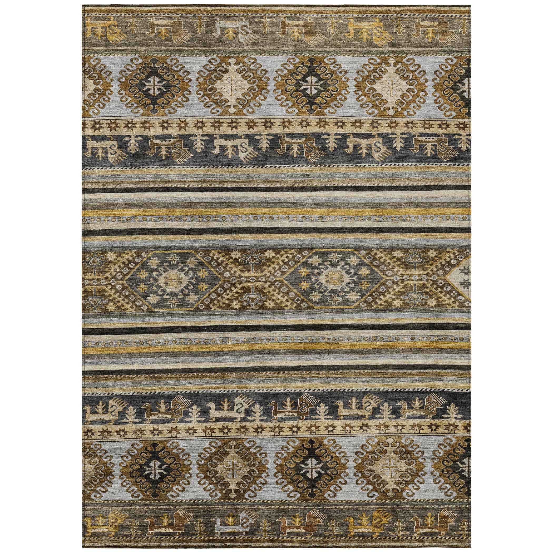 3' X 5' Chocolate Taupe And Gold Tribal Washable Indoor Outdoor Area Rug